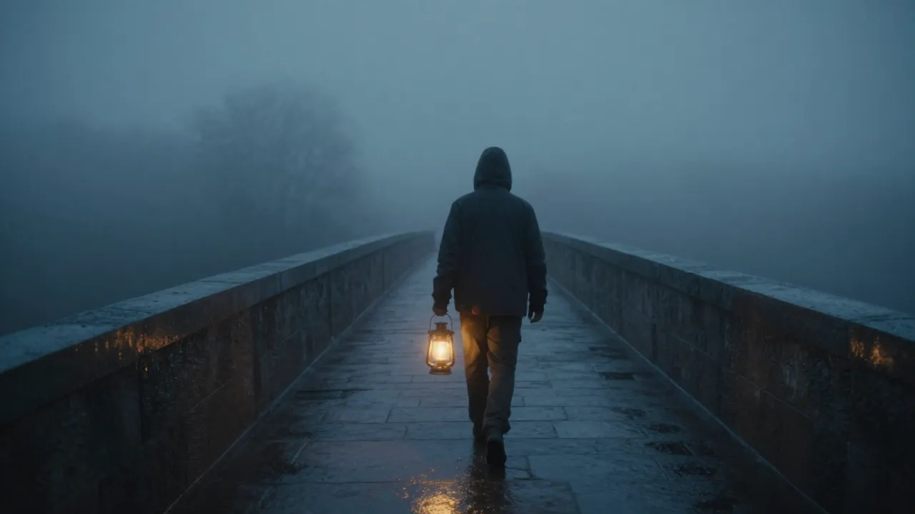 Fog world: courier with lantern on a misty bridge