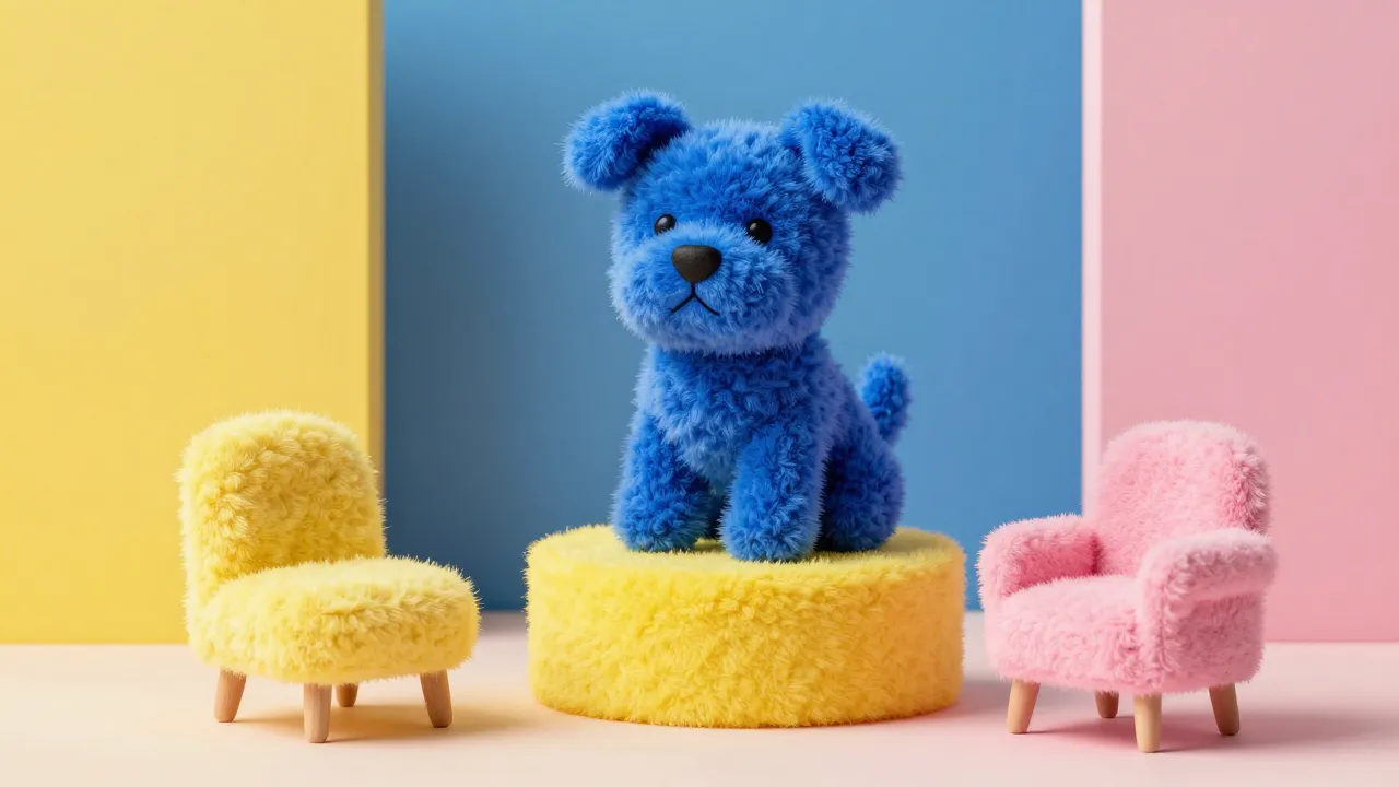 Fuzzy fabric dog in pastel color-blocked room