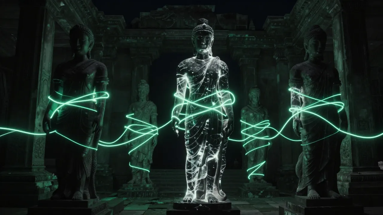 Neon ruins: statues wrapped in green light trails